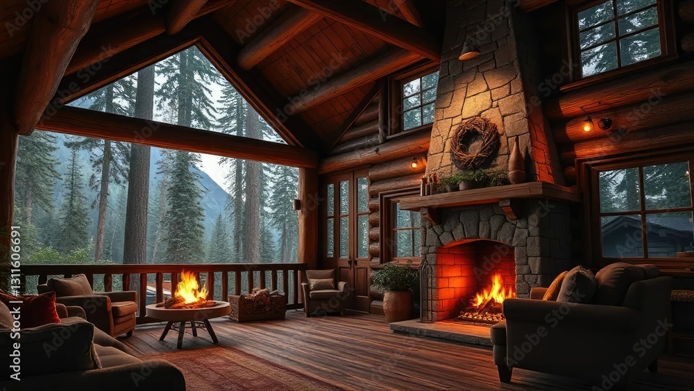 Cozy mountain cabin with a large stone fireplace and a warm glow, forest, wooden Cozy mountain cabin with a large stone fireplace and a warm glow, forest, wooden