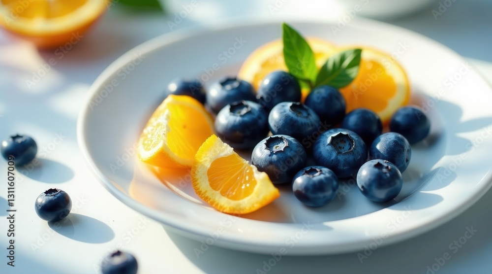 A plate of fresh blueberries and orange segments bathed in sunlight, showcasing vibrant colors and textures of summer fruits A plate of fresh blueberries and orange segments bathed in sunlight, showcasing vibrant colors and textures of summer fruits