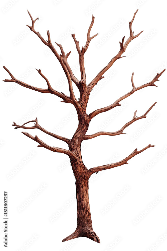 A dry, barren tree with twisted branches and no leaves.