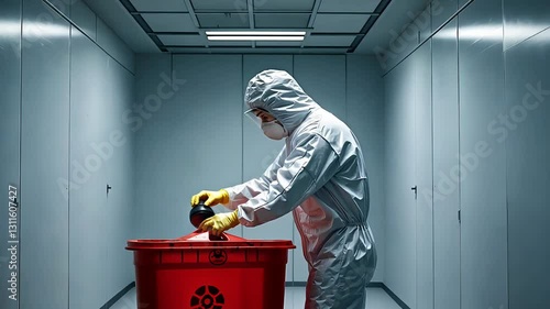 Scientist in protective suit handling hazardous waste in a sterile laboratory
