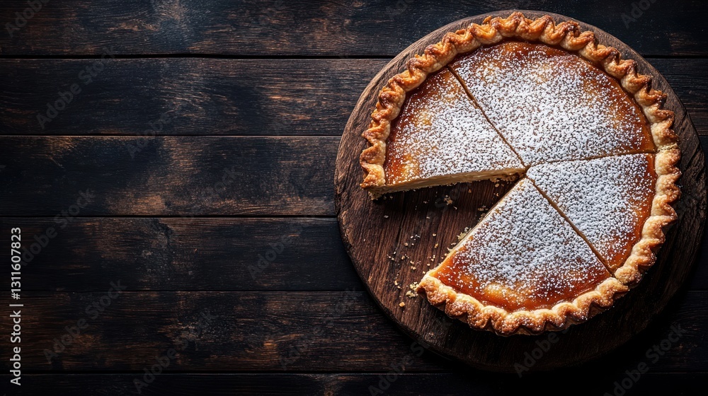 Sliced custard pie on rustic wooden board Sliced custard pie on rustic wooden board