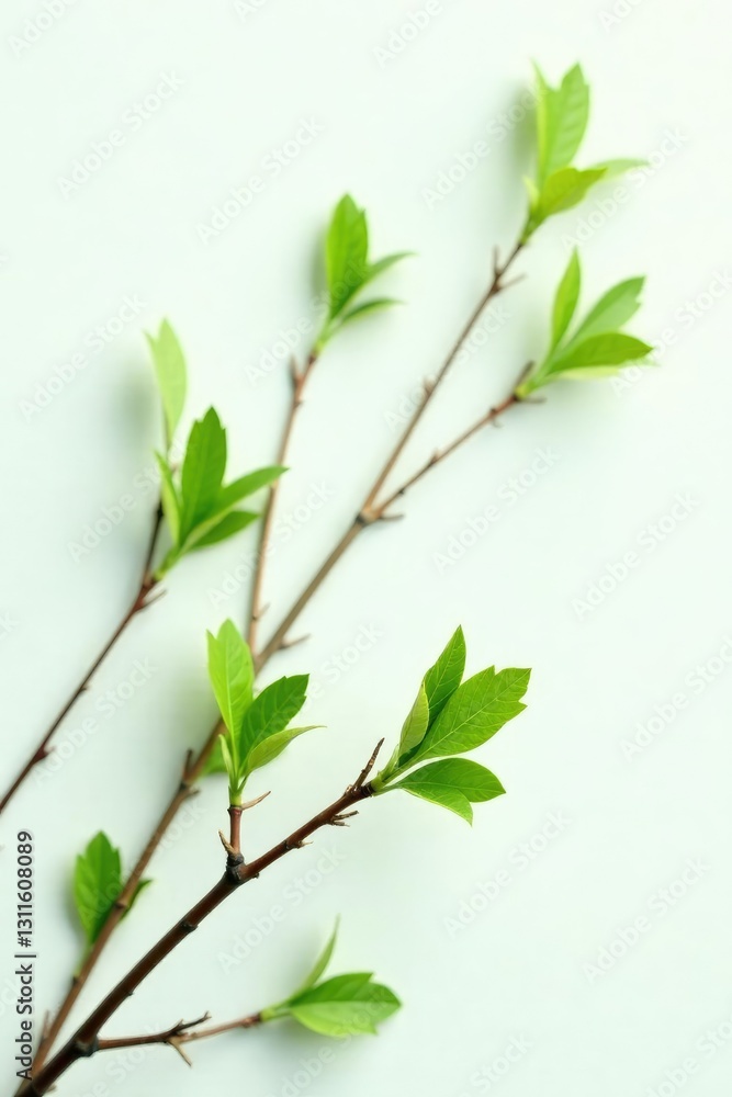Obraz premium Delicate branches with leaves spread on a white background, branches, greenery