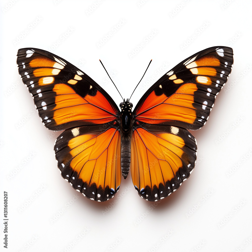 Fototapeta premium Macro of butterfly isolated on white background, Danaus chrysippus, top view -