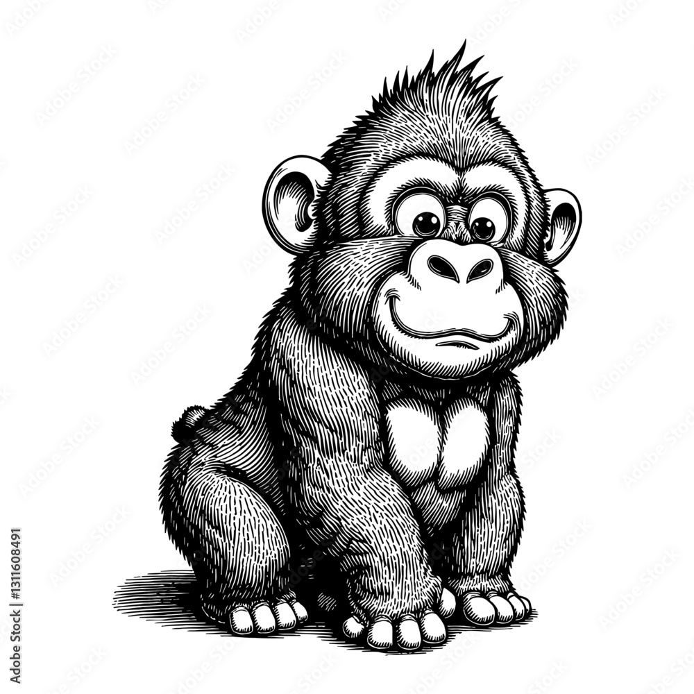 Obraz premium Cute Chibi Cartoon Gorilla Sitting Front View Detailed Black and White Outline Line Art Drawing