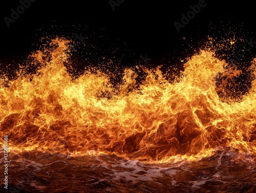 Massive Wave of Boiling Gases in a Fiery Eruption Against Black