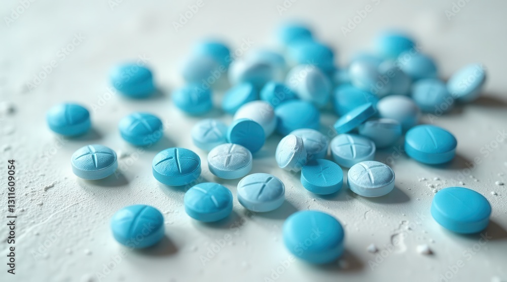 Close-up view of numerous pastel blue and white tablets scattered on a light textured surface. Close-up view of numerous pastel blue and white tablets scattered on a light textured surface.