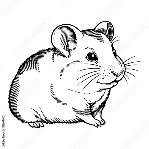 Cute Hamster Adorable Pet Animal Engraving Style Full Body Detailed Black and White Outline Line Art Drawing