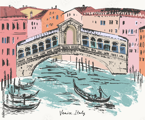 Hand drawn Venice Rialto bridge architecture panorama urban sketch. Colored black ink landscape line drawing of Italy ancient city.