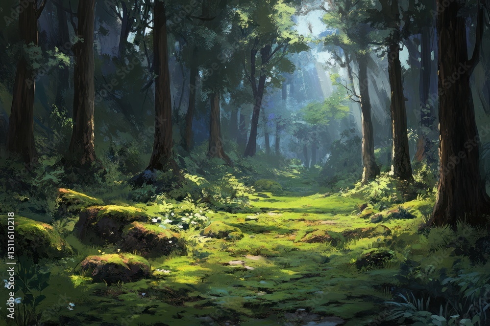 Obraz premium A sunlit forest scene with trees and grassy pathway