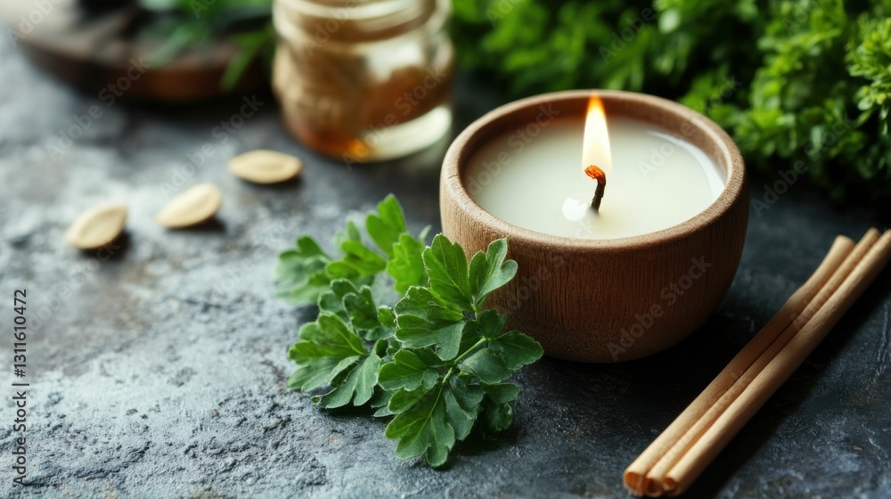 Homemade Citronella Wax Candle for Mosquito Repellant. White Therapeutic Scented Remedy with Citronella Plant Sprig Homemade Citronella Wax Candle for Mosquito Repellant. White Therapeutic Scented Remedy with Citronella Plant Sprig