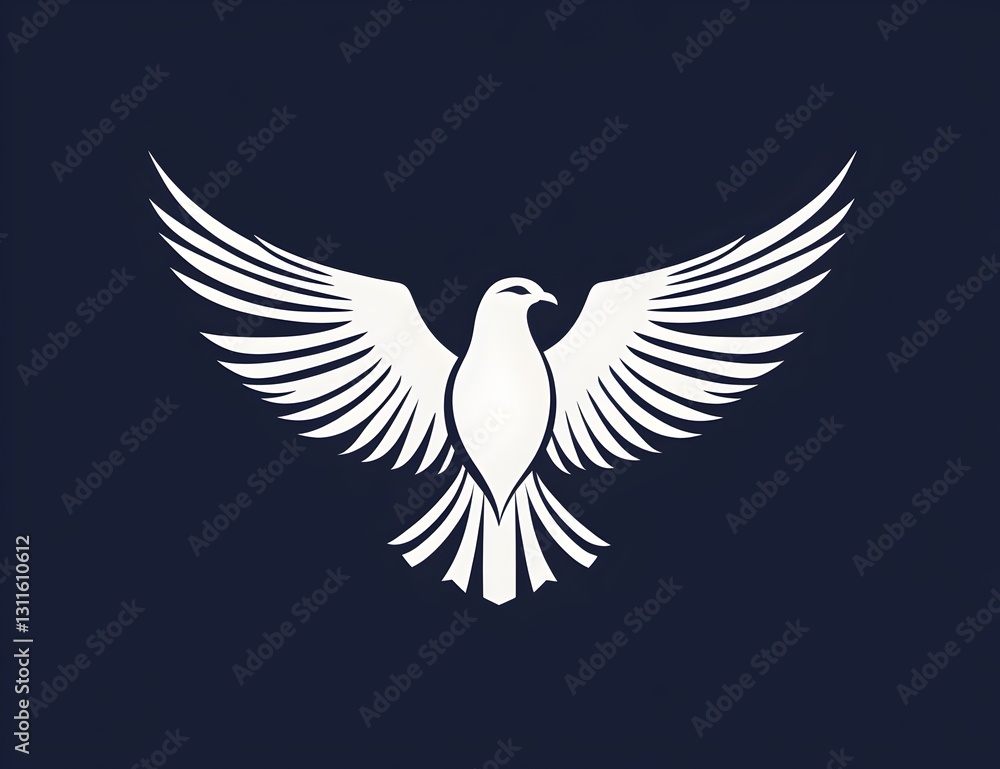 Obraz premium Minimalist Illustration of an Elegant Dove with Outstretched Wings, Symbolizing Peace and Freedom on Navy Blue Background