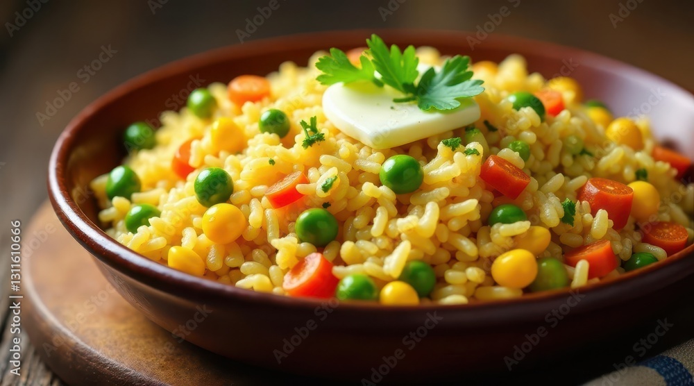 Savory Rice Dish with Mixed Vegetables and Butter Topping in a Rustic Bowl Savory Rice Dish with Mixed Vegetables and Butter Topping in a Rustic Bowl