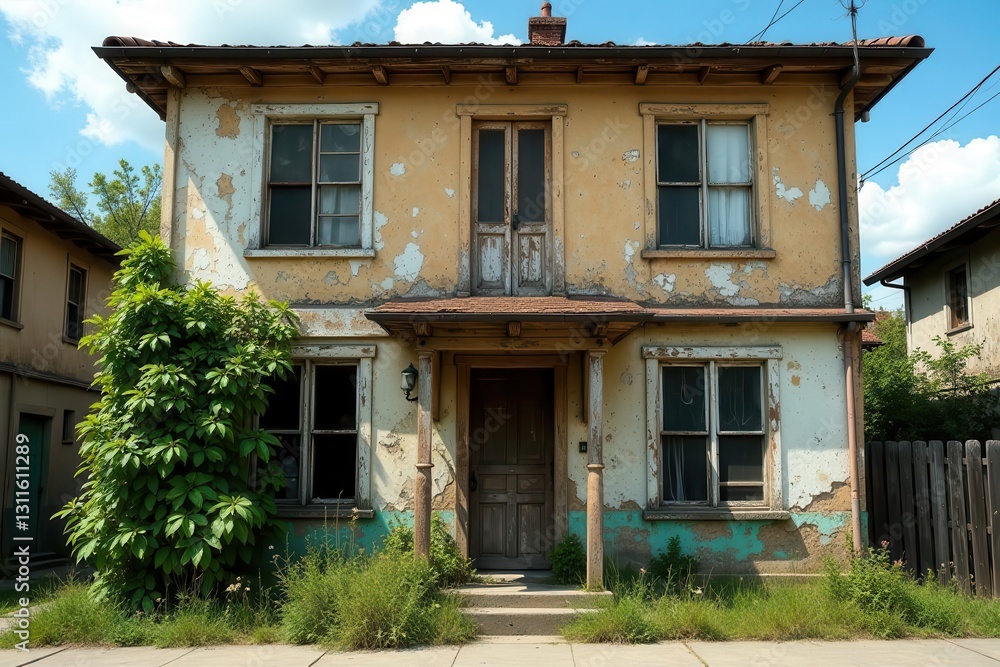 A neglected two-story house with peeling paint, overgrown vegetation, and weathered wooden doors and windows displays the passage of time A neglected two-story house with peeling paint, overgrown vegetation, and weathered wooden doors and windows displays the passage of time