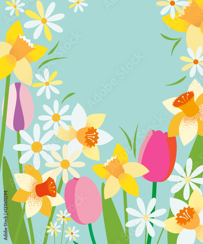 Spring Flower Border with Tulips, Daffodils, and Daisies on Light Blue Background. Perfect for spring designs, greeting cards, posters, invitations, and seasonal decorations