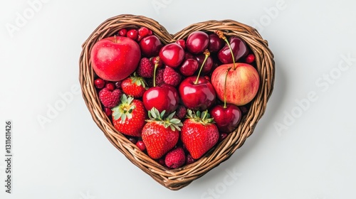 A heart-shaped basket filled with red apples, strawberries, and cherries on a white background.