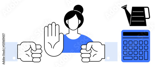 Woman holding up a stop hand gesture between two outstretched hands, with a calculator and watering can nearby. Ideal for conflict resolution, negotiation, finance, growth management, investment