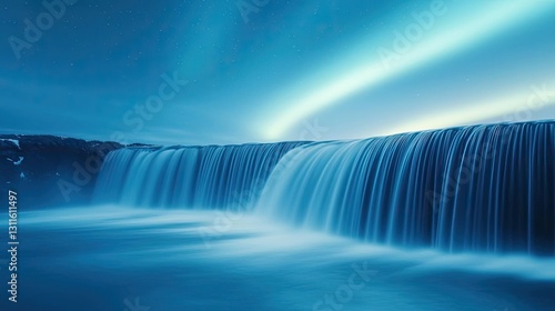 Aurora borealis northern lights concept. A breathtaking waterfall cascading under a serene blue sky, capturing nature's beauty.