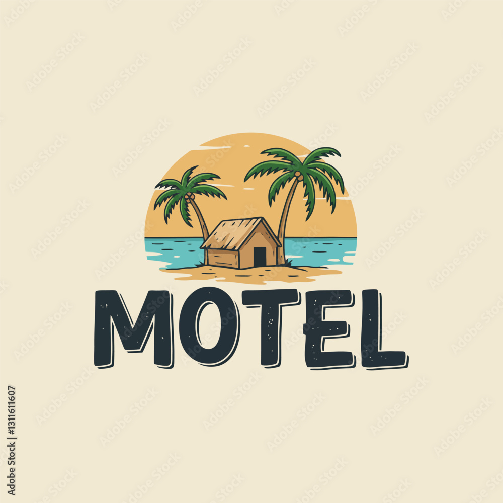 Obraz premium Tropical Beach Motel Illustration with Palm Trees and Straw Hut
