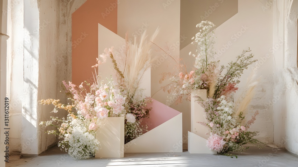 Fototapeta premium An artistic floral display with geometric shapes and pastel colors