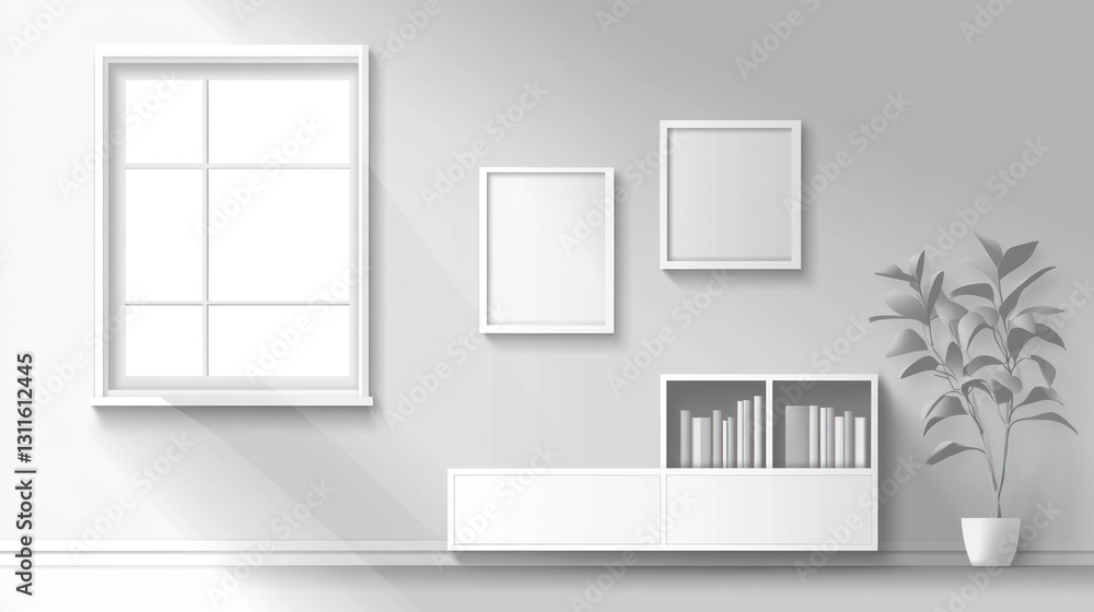 Modern minimalist living room interior design, sunlight, empty frames, plant Modern minimalist living room interior design, sunlight, empty frames, plant
