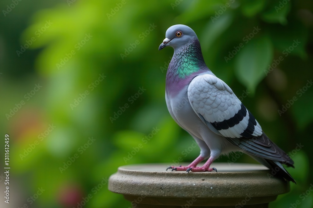 A Vibrant Pigeon Perched Gracefully on a Stone Plinth, Surrounded by Lush Greenery in a Serene Garden Setting A Vibrant Pigeon Perched Gracefully on a Stone Plinth, Surrounded by Lush Greenery in a Serene Garden Setting