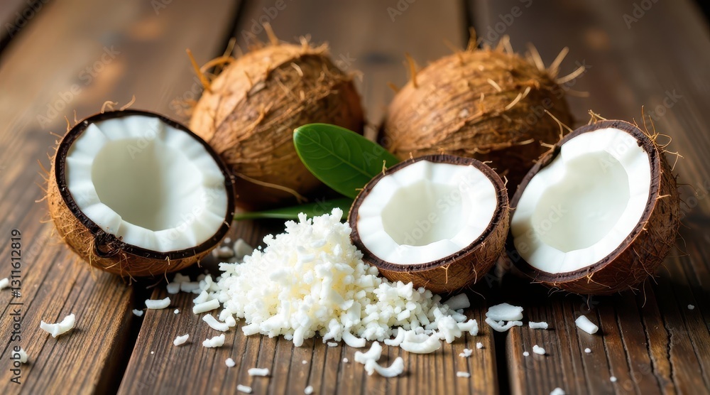 Tropical Delight Fresh Coconuts, Opened and Shredded, Displayed on Rustic Wooden Surface Tropical Delight Fresh Coconuts, Opened and Shredded, Displayed on Rustic Wooden Surface