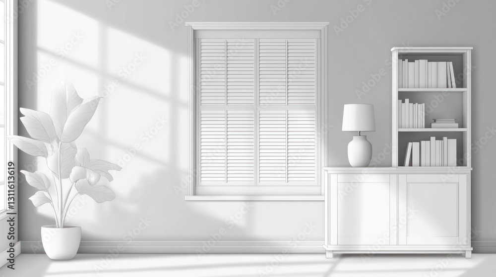 Fototapeta premium Sunlit minimalist living room with plant, bookcase, and cabinet