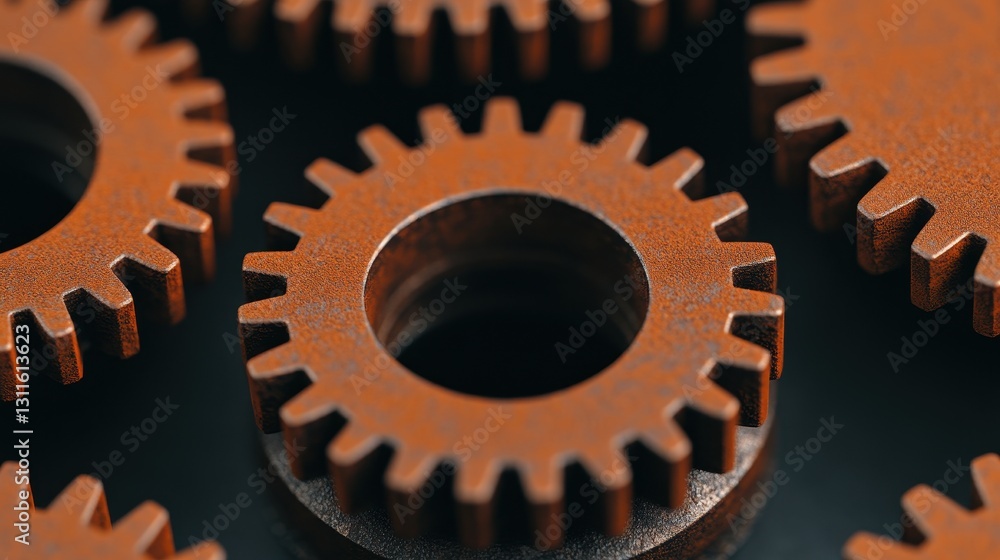 Close-up of rusty gears, showcasing their intricate design and texture, emphasizing mechanical elements. Close-up of rusty gears, showcasing their intricate design and texture, emphasizing mechanical elements.