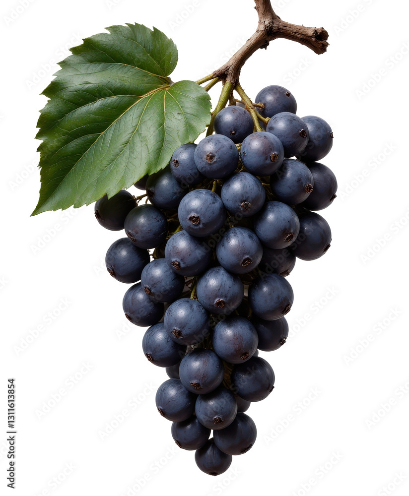 Fototapeta premium Cluster of Dark Blue Grapes with Green Leaf on Transparent Background