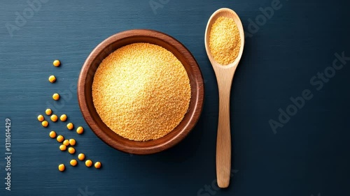 Close-up of yellow cornmeal and grains in a wooden bowl