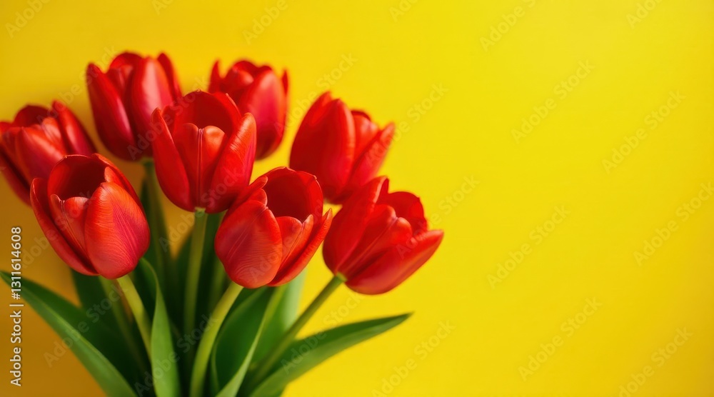 A vibrant bouquet of crimson tulips arranged artfully against a sunny yellow backdrop, showcasing the beauty of springtime blooms. A vibrant bouquet of crimson tulips arranged artfully against a sunny yellow backdrop, showcasing the beauty of springtime blooms.