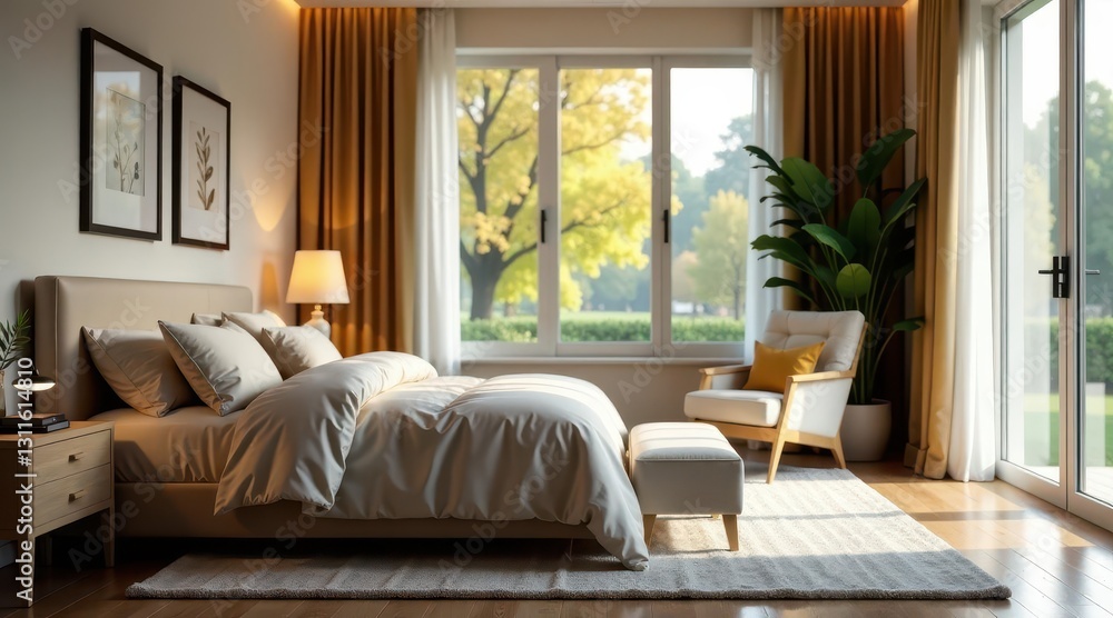 Serene Bedroom Design Featuring a Comfortable Bed, Stylish Chair, and Natural Light Serene Bedroom Design Featuring a Comfortable Bed, Stylish Chair, and Natural Light