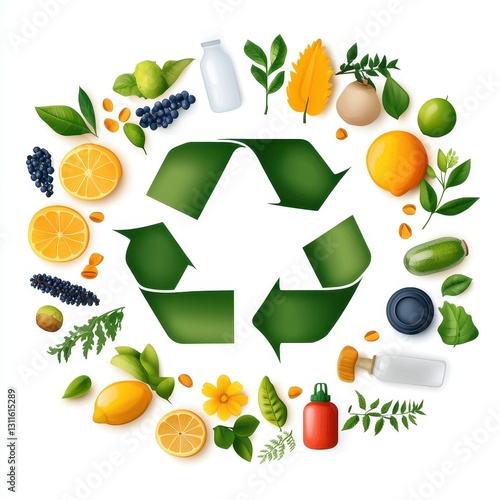 A vibrant illustration featuring a recycling symbol surrounded by fruits, vegetables, and leaves, promoting sustainability and environmental awareness.