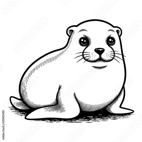 Cute Chibi Cartoon Baby Sea Lion Cub with Big Eyes in Black and White Outline Line Art Drawing