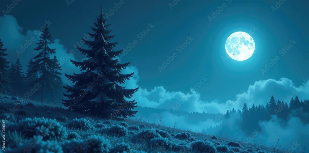 Haunted evergreen tree silhouetted against a full moonlit sky with frosty landscape, tree, ghostly Haunted evergreen tree silhouetted against a full moonlit sky with frosty landscape, tree, ghostly