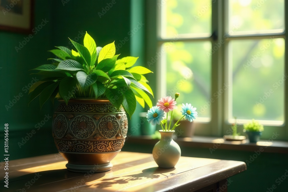 Fototapeta premium Sunlit Still Life Lush Greenery in an Ornate Pot and Delicate Blooms in a Simple Vase on a Wooden Table by a Window