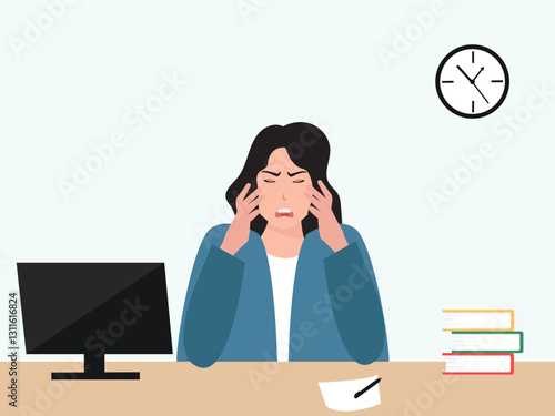 Angry, frustrated businesswoman or office employe working at office on computer. Office worker tired of work and screaming. Tired employee with mental burnout. cartoor, vector and illustration.