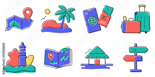 Travel icons illustration with fun mood for tourism and travel blog concept