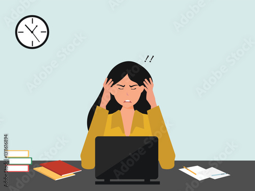 Angry, frustrated businesswoman or office employe working at office on computer. Office worker tired of work and screaming. Tired employee with mental burnout. cartoor, vector and illustration.