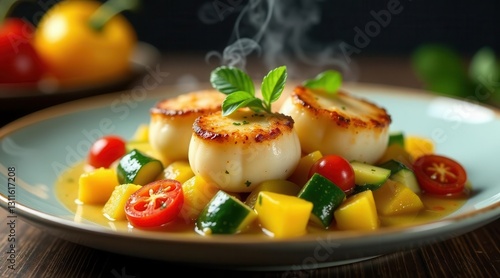 Seared Scallops with Summer Vegetable Medley and Aromatic Sauce on a Plate