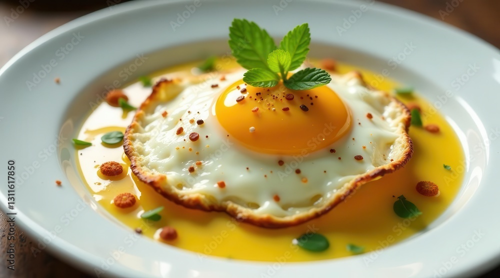A perfectly fried egg, nestled in a vibrant yellow sauce, garnished with fresh herbs and a sprinkle of spices, served on an elegant white plate A perfectly fried egg, nestled in a vibrant yellow sauce, garnished with fresh herbs and a sprinkle of spices, served on an elegant white plate