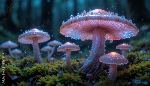 Enchanting Luminescent Mushrooms Thriving In A Mystical Forest Bathed In Soft, Ethereal Light And Gentle Rain