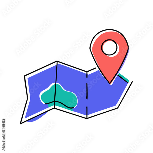 Icon of colorful cartoon illustration of a map with location pin for navigation and travel