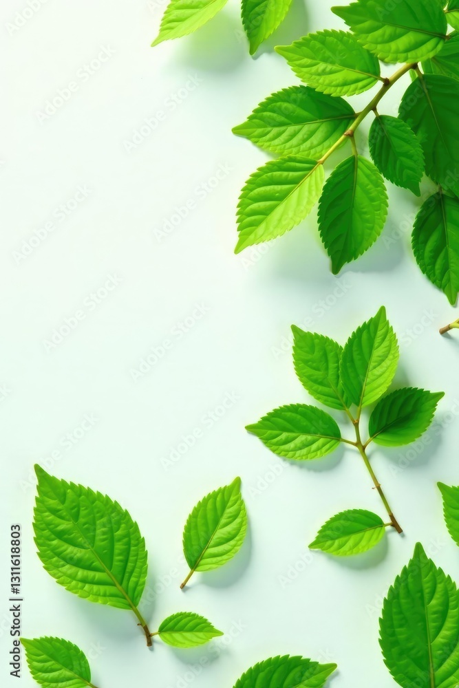 lush green leaves scattered on a white surface, leaves, isolation lush green leaves scattered on a white surface, leaves, isolation