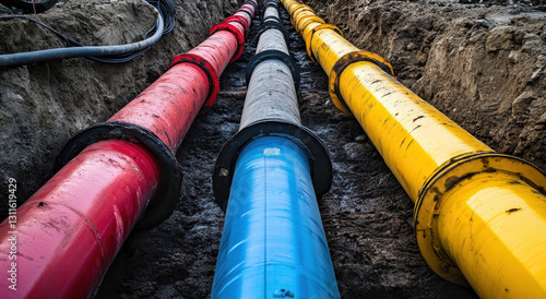 Wallpaper Mural Brightly colored pipes in red, blue, yellow, and black are being carefully positioned in a trench. This activity is part of an essential infrastructure upgrade in the urban setting Torontodigital.ca