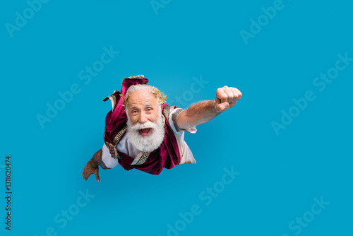 Photo of funky funny man ancient god mythological character wear costume isolated on blue color background photo