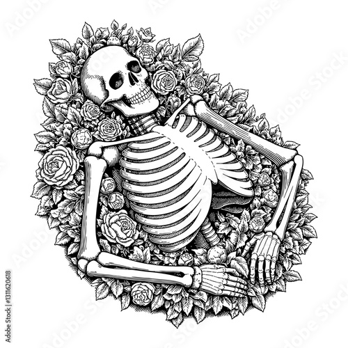 Skeleton Resting in Roses Patch Black and White Detailed Shading Overgrowth Outline Line Art Drawing
