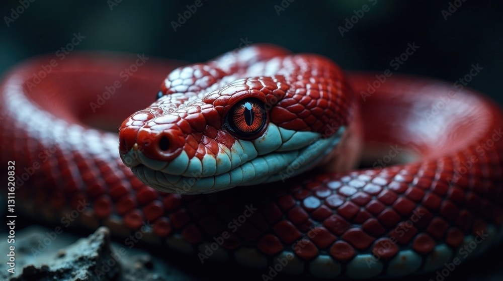 Obraz premium Intriguing Close-Up of a Vibrant Red Snake with Striking Orange Eyes, Coiled in a Mysterious Dark Setting, Showcasing Detailed Scales and Textured Skin