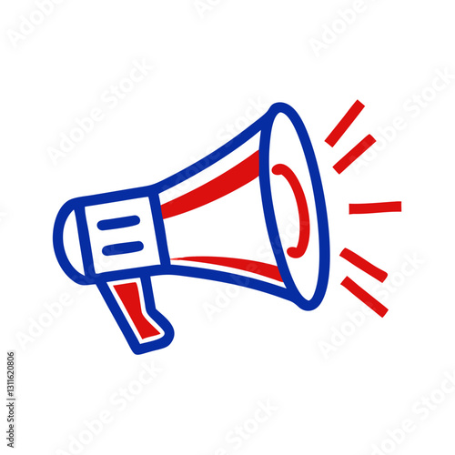 Bold megaphone icon projecting sound waves, announcement concept