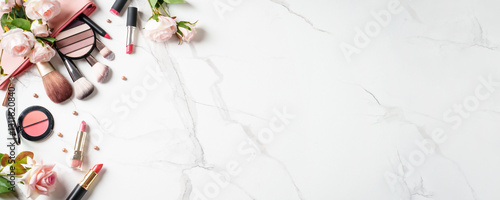Obraz na płótnie Make up products at white marble background. w salonie
